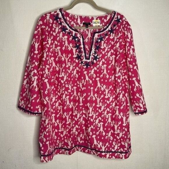 NWOT Talbots Lobster Navy Embroidered Starfish 3/4 Sleeve Tunic Women Size 2XP - Picture 1 of 11